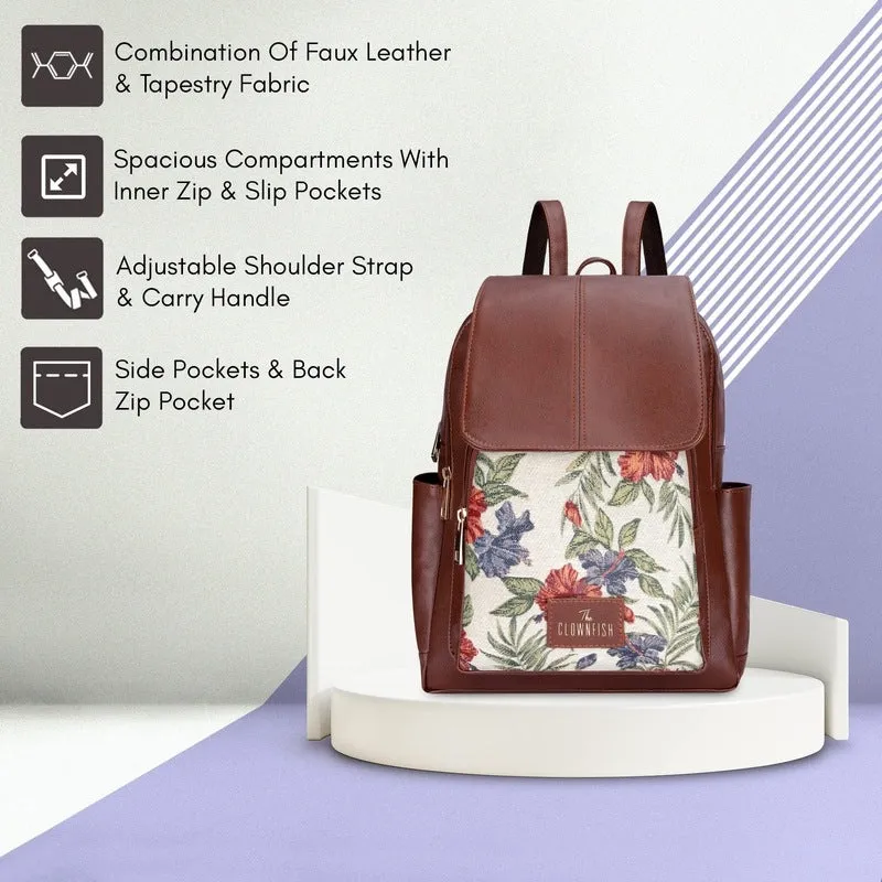 THE CLOWNFISH Medium Size Minerva Faux Leather & Tapestry Women's Standard Backpack College School Bag Casual Travel Standard Backpack For Ladies Girls (Maroon- Floral), 10 Litre