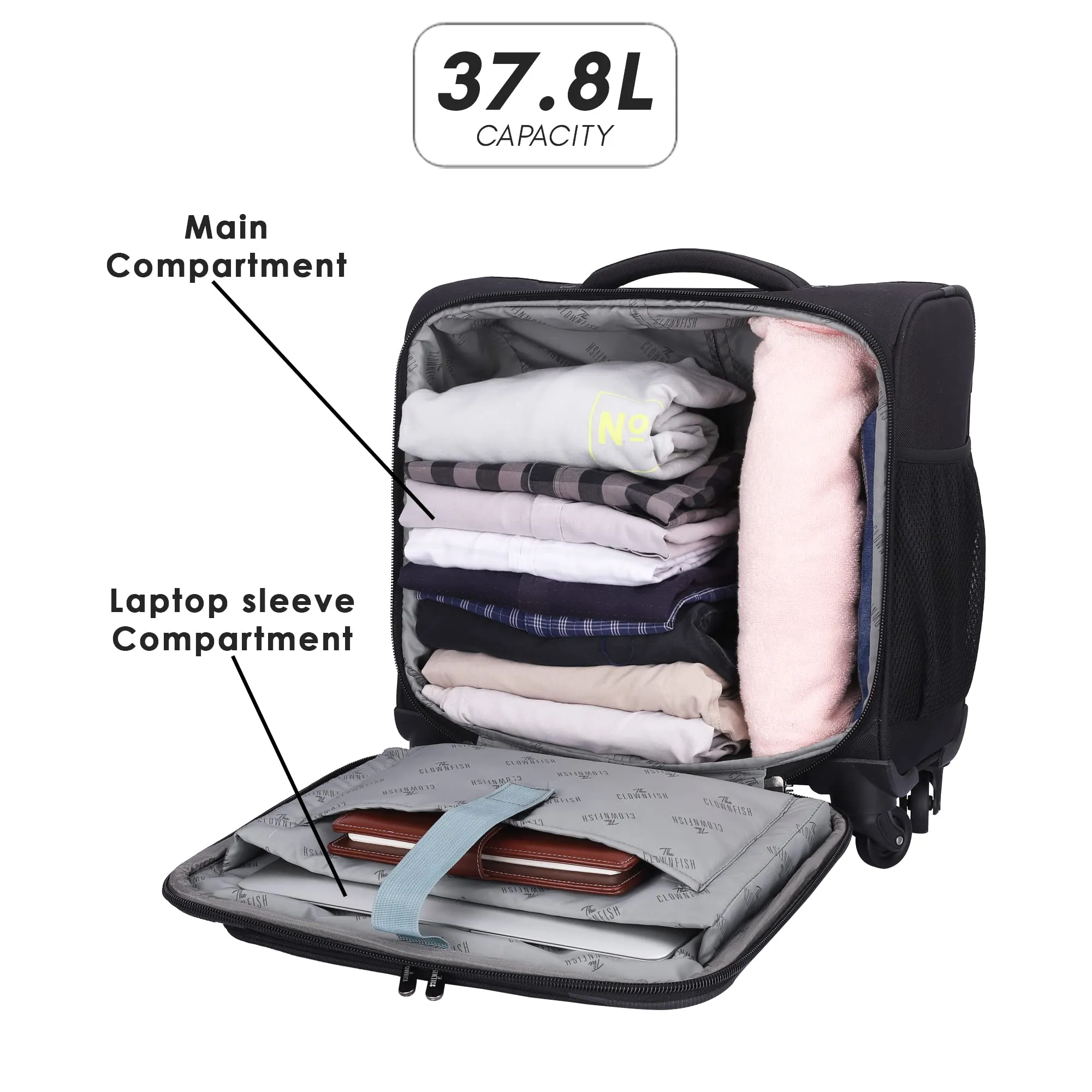 THE CLOWNFISH Trailblazer Series Luggage Polyester Soft Case Four Wheel Suitcase 15.6 inch Laptop Ipad Trolley Bag with TSA Lock - Black (44 cm, 17.3 inch)