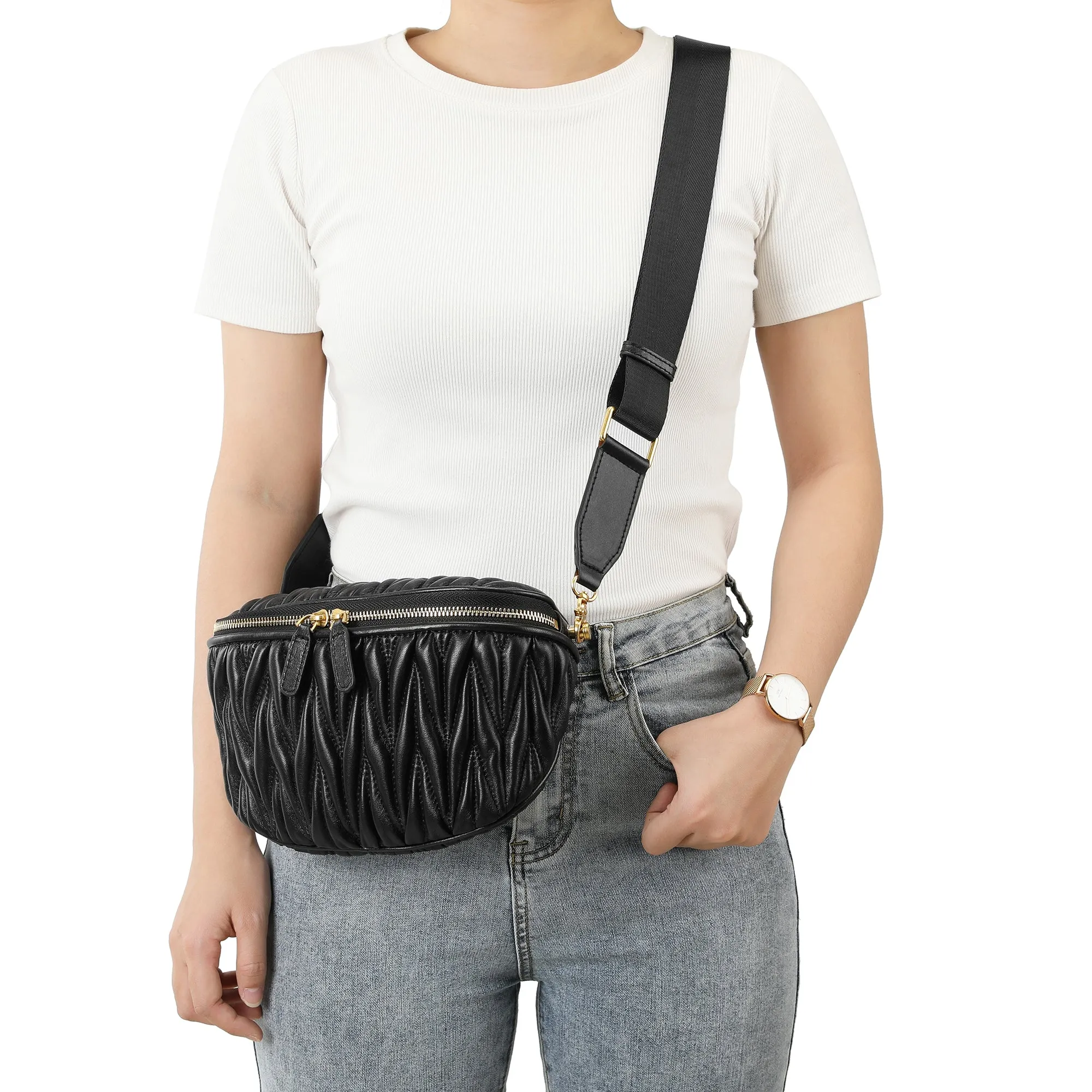 Tiffany & Fred Pleated & Quilted Sheepskin Leather Fanny Bag & Belt Bag