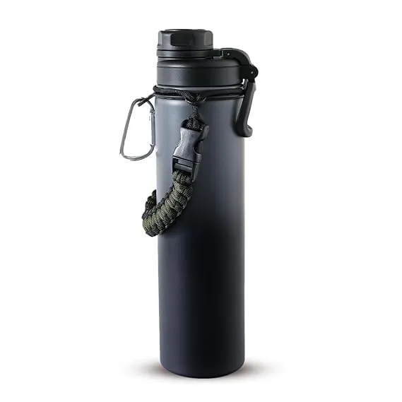 Urbane Home Water Bottle | Steel Water Bottle for Daily Use | Vacuum Insulated Flask Water Bottle with Rope | Hot & Cold Water Bottle | 720 ML | LX-230603 | Black & Gray