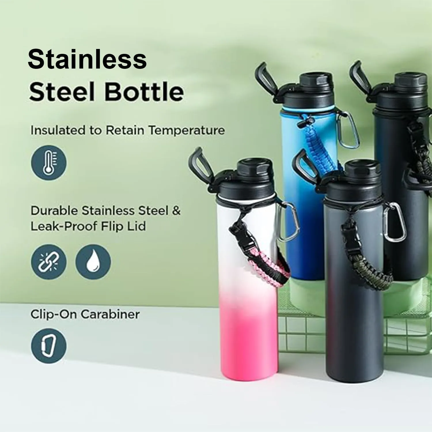 Urbane Home Water Bottle | Steel Water Bottle for Daily Use | Vacuum Insulated Flask Water Bottle with Rope | Hot & Cold Water Bottle | 720 ML | LX-230603 | Black & Gray