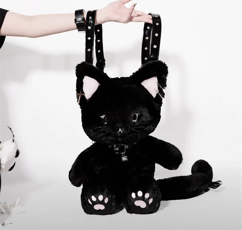 White & Black Cat Kitten Doll Plush Backpack Shoulder Bag