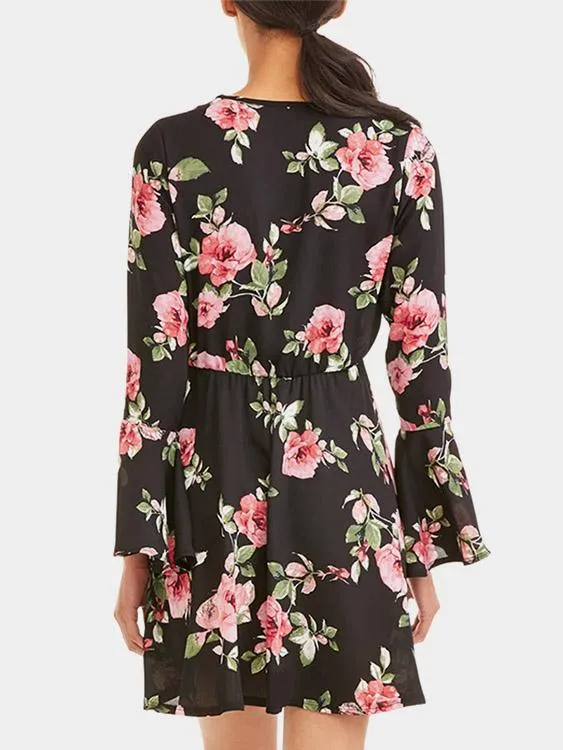 Wholesale Black Pullover Long Sleeve Floral Print Mini Dresses