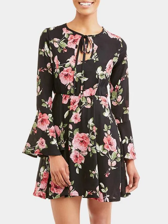 Wholesale Black Pullover Long Sleeve Floral Print Mini Dresses