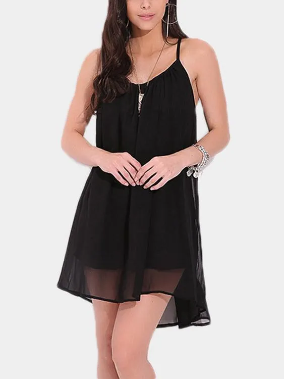 Wholesale Black Sleeveless Tiered Hollow Spaghetti Strap High-Low Hem Mini Dress