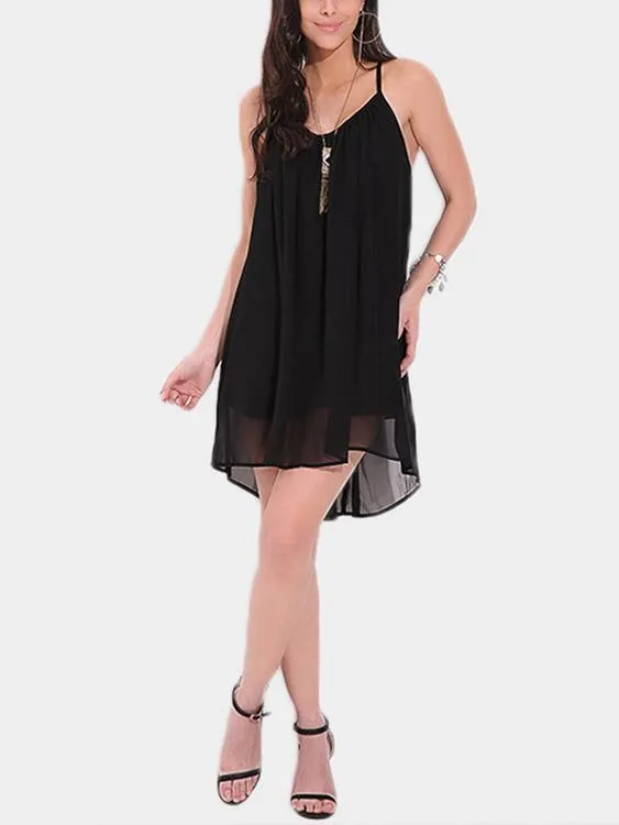 Wholesale Black Sleeveless Tiered Hollow Spaghetti Strap High-Low Hem Mini Dress