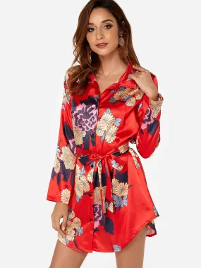 Wholesale Long Sleeve Floral Print Belt Self-Tie Curved Hem Mini Dress