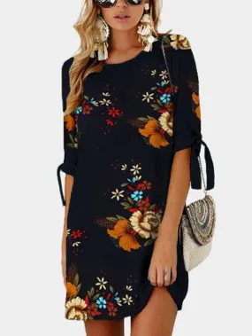 Wholesale Round Neck Half Sleeve Floral Print Self-Tie Mini Dress