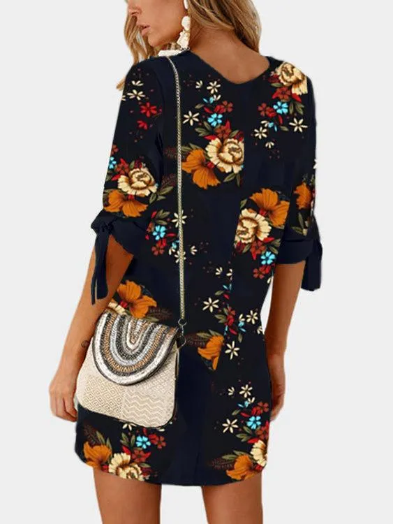 Wholesale Round Neck Half Sleeve Floral Print Self-Tie Mini Dress