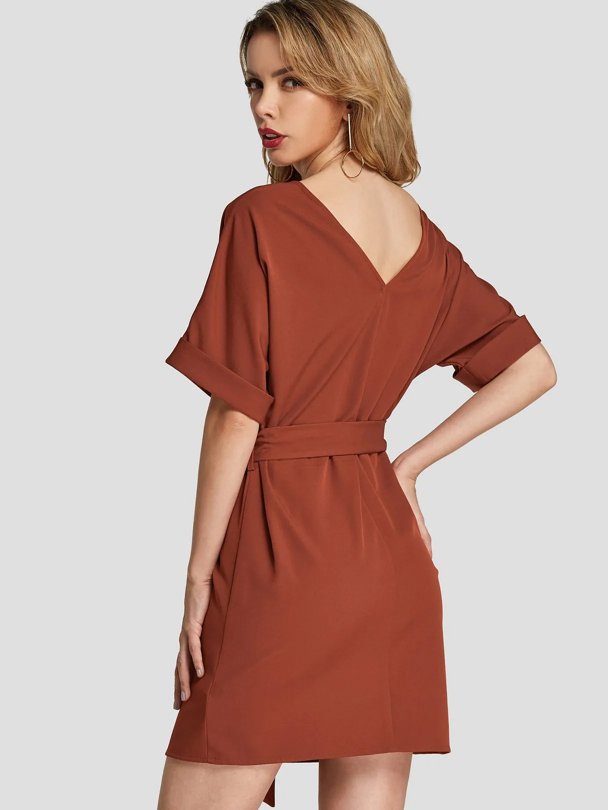 Wholesale Rust Round Neck Short Sleeve Plain Belt Self-Tie Mini Dresses