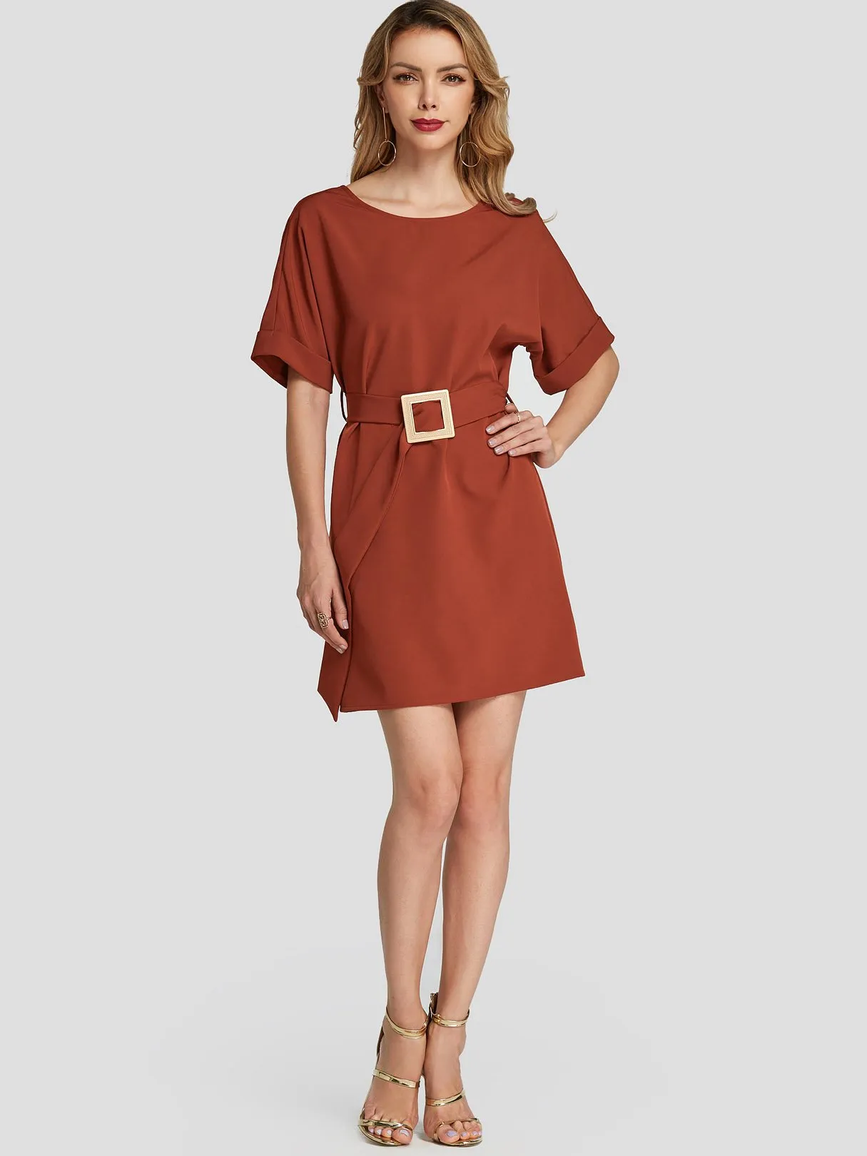 Wholesale Rust Round Neck Short Sleeve Plain Belt Self-Tie Mini Dresses