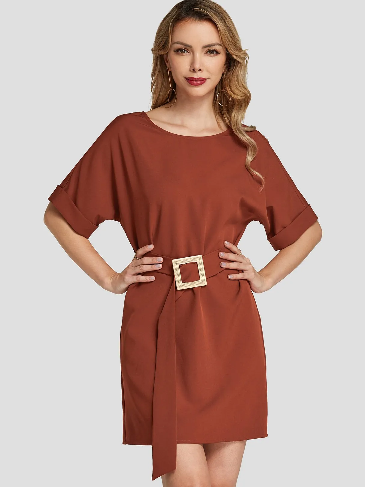 Wholesale Rust Round Neck Short Sleeve Plain Belt Self-Tie Mini Dresses