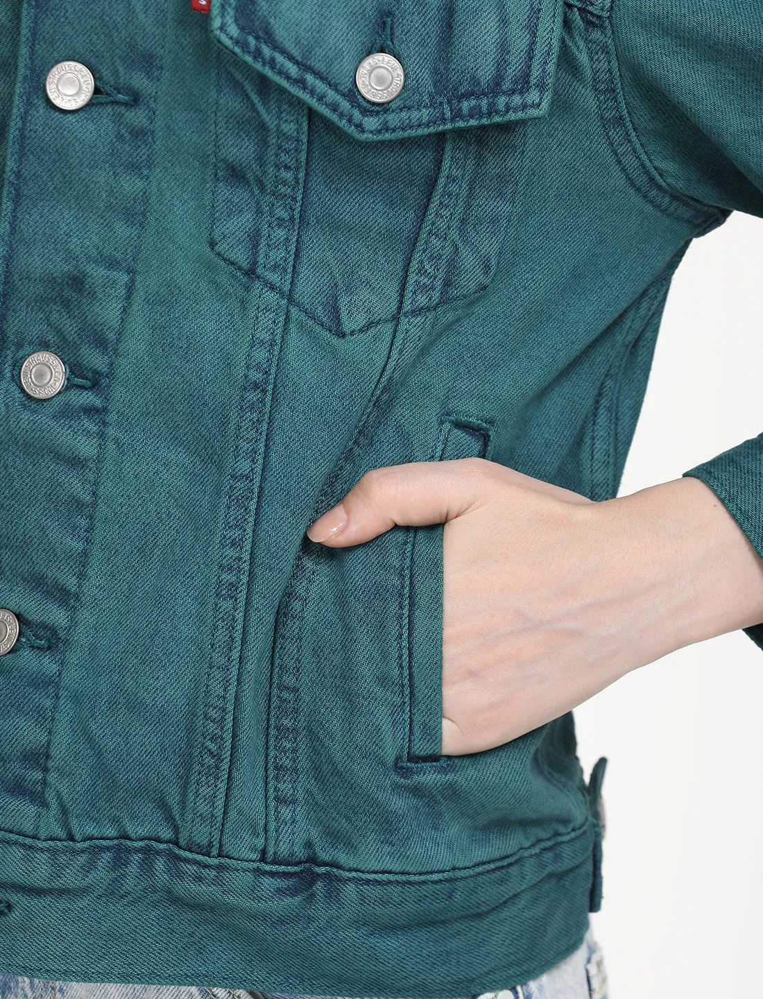 Women's Solid Teal Spread Collar Trucker Jacket