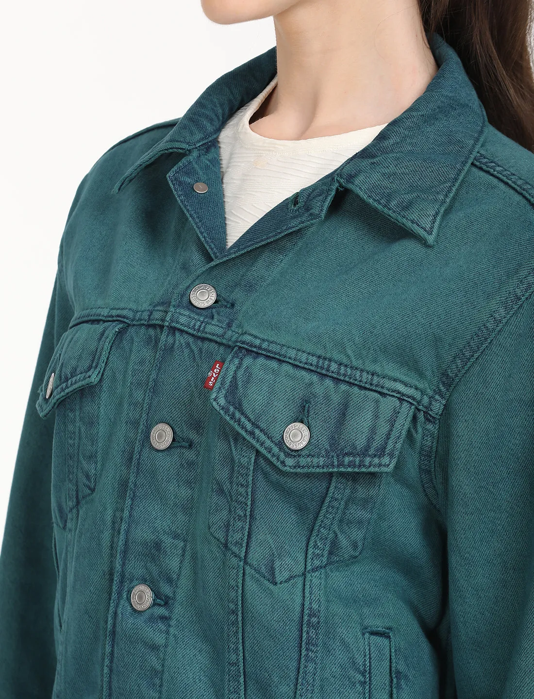 Women's Solid Teal Spread Collar Trucker Jacket