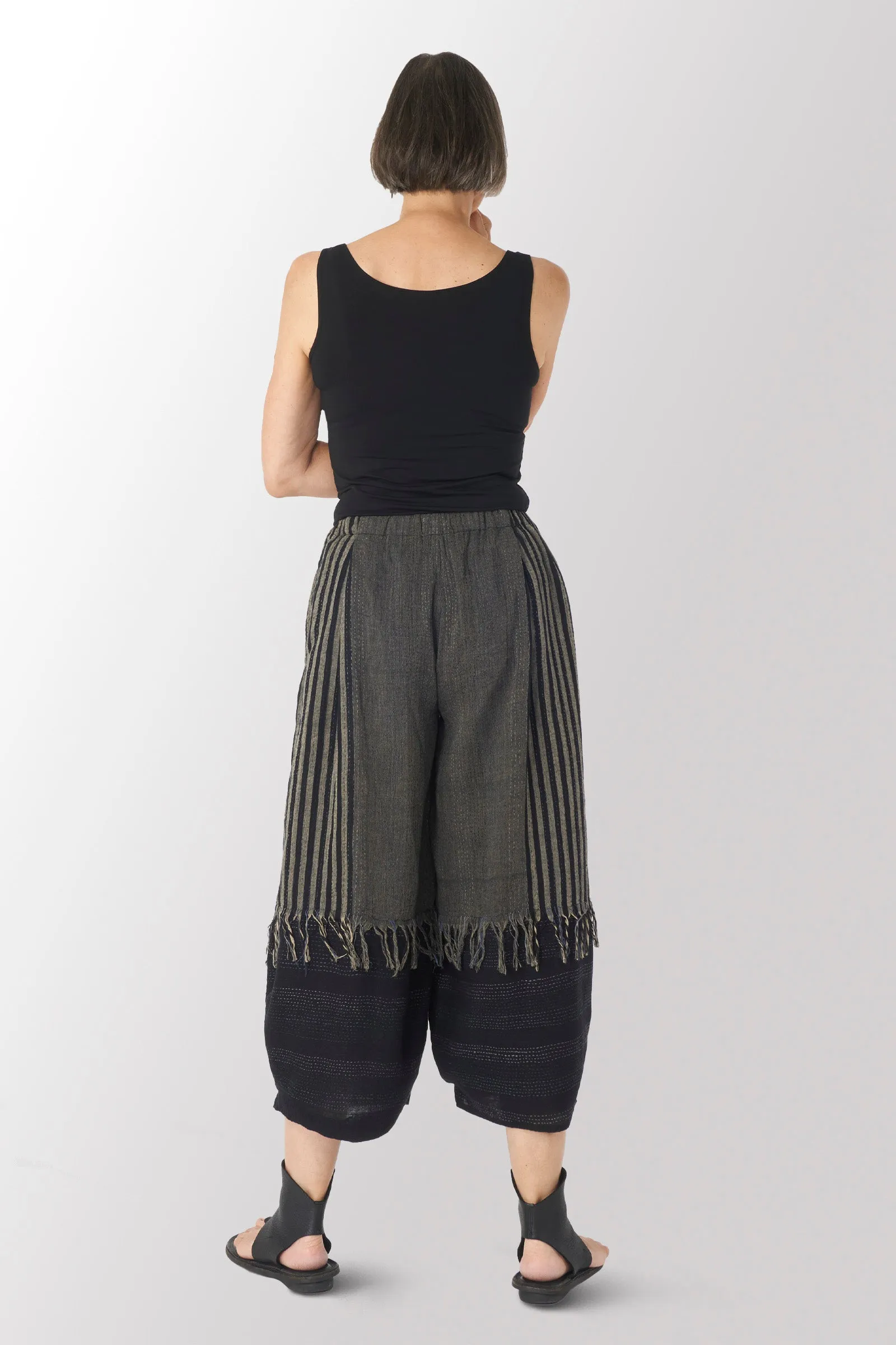 WOVEN HANDLOOM COTTON KANTHA WIDE LEG LANTERN PANT - wc2646-blk -