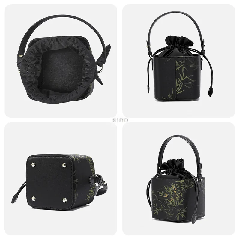 Xiangyunsha Silk Black Bamboo Print Mini Cube Bucket Bag