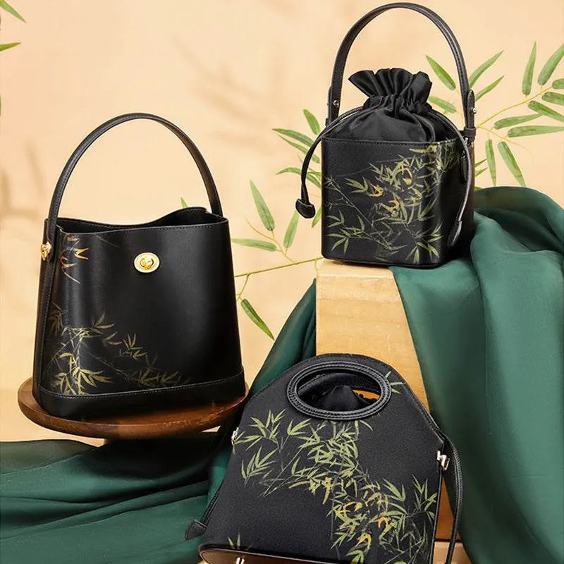 Xiangyunsha Silk Black Bamboo Print Mini Cube Bucket Bag