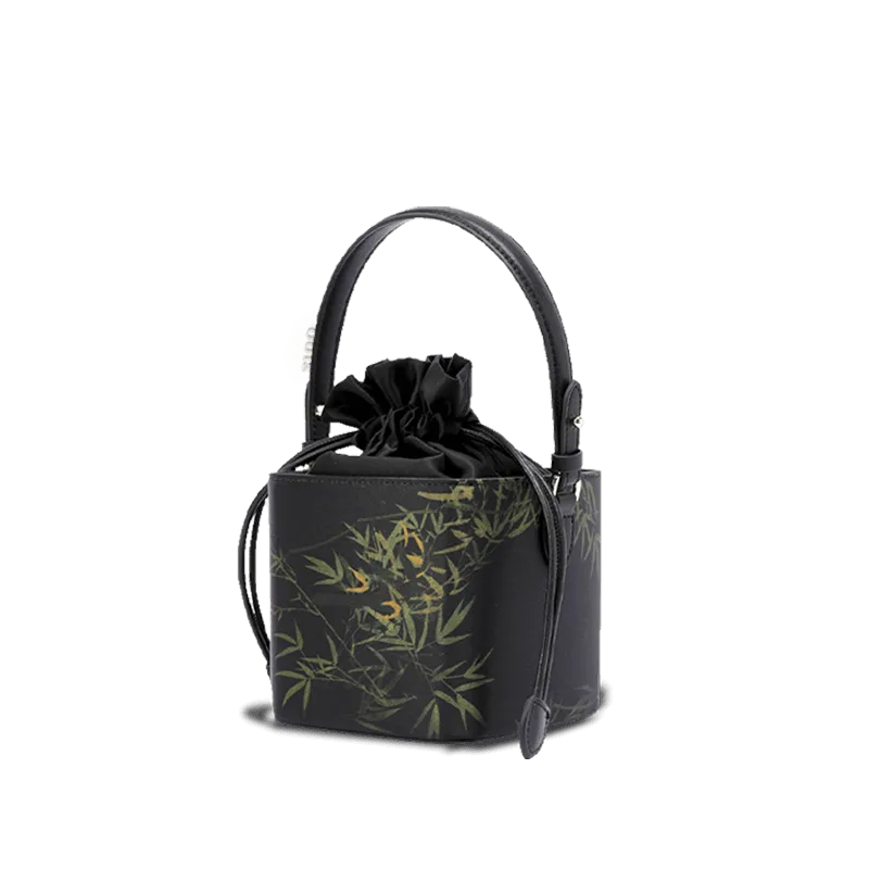 Xiangyunsha Silk Black Bamboo Print Mini Cube Bucket Bag