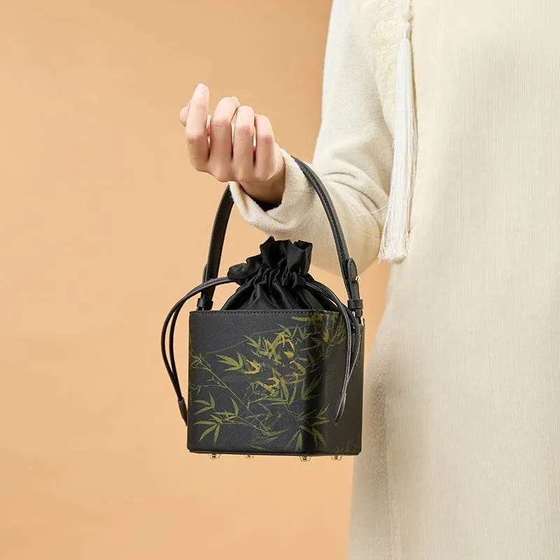 Xiangyunsha Silk Black Bamboo Print Mini Cube Bucket Bag