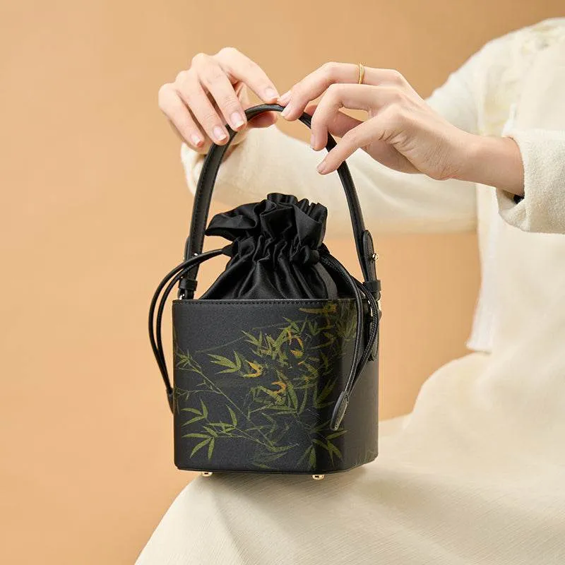 Xiangyunsha Silk Black Bamboo Print Mini Cube Bucket Bag