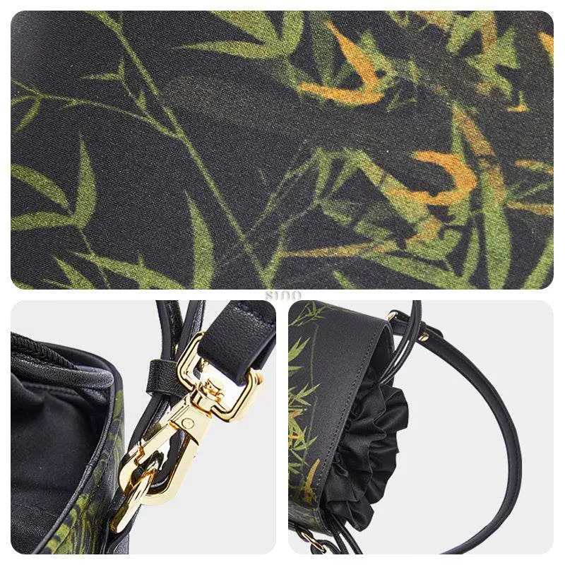 Xiangyunsha Silk Black Bamboo Print Mini Cube Bucket Bag