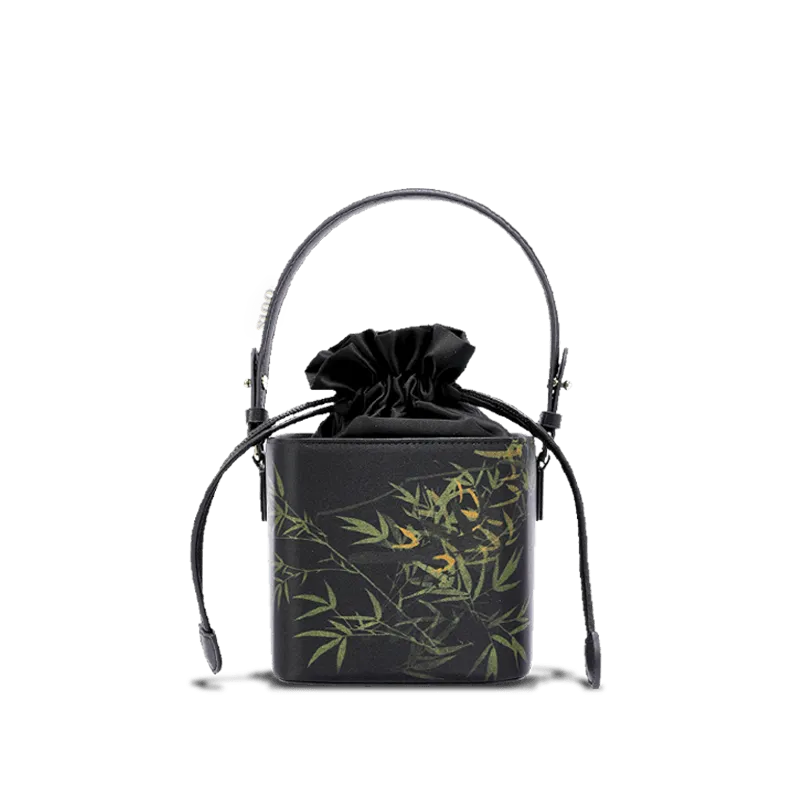 Xiangyunsha Silk Black Bamboo Print Mini Cube Bucket Bag