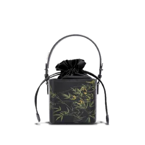 Xiangyunsha Silk Black Bamboo Print Mini Cube Bucket Bag