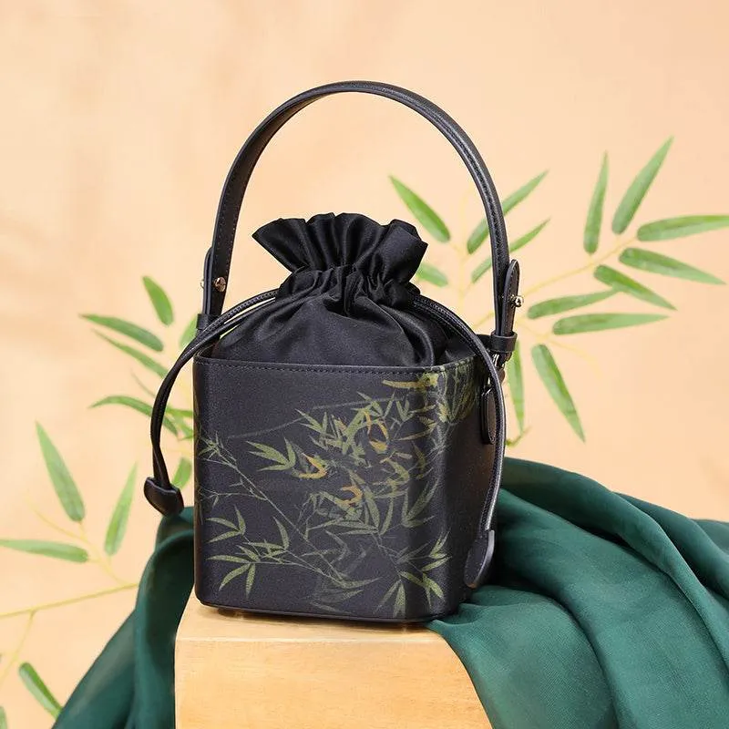 Xiangyunsha Silk Black Bamboo Print Mini Cube Bucket Bag