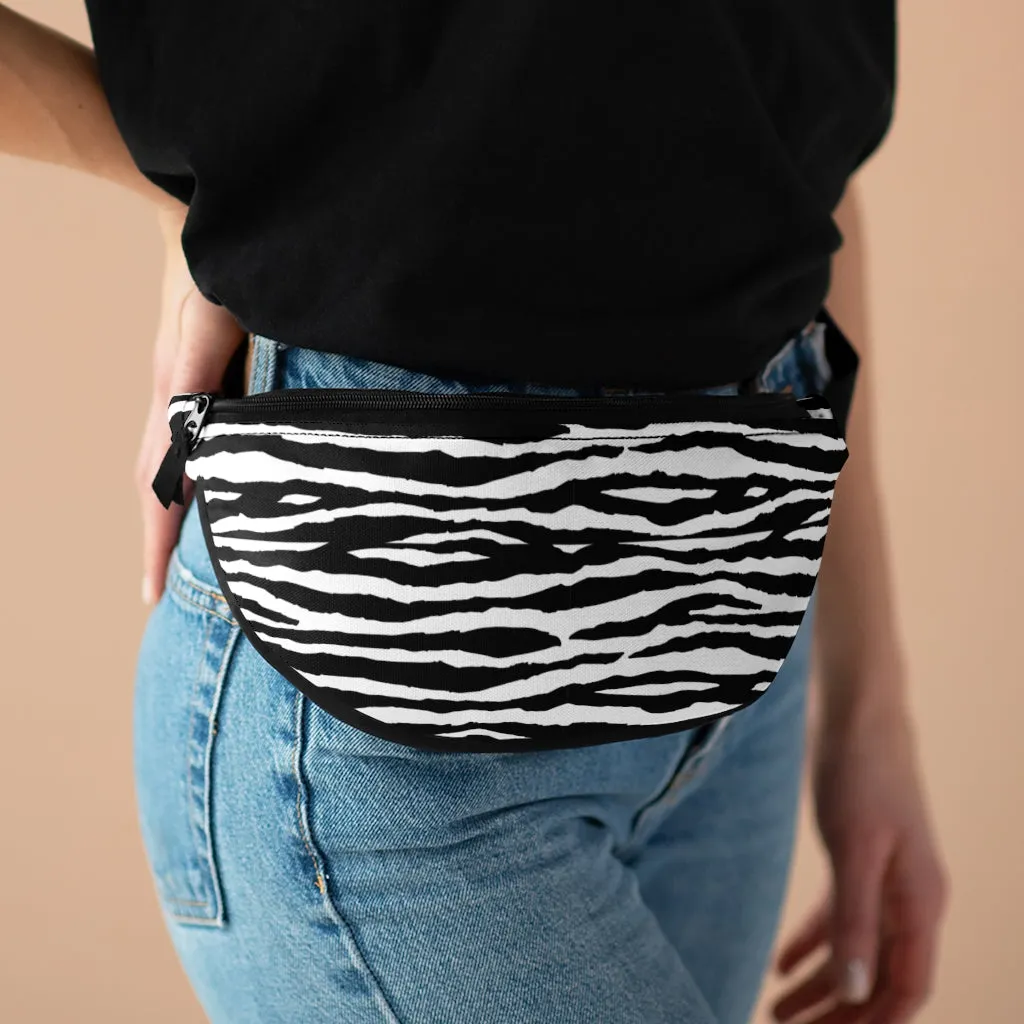 Zebra Stripes Fanny Pack, Animal Print Black White Festival Hip Waist Canvas Vacation Belt Vegan Vintage Women Bag