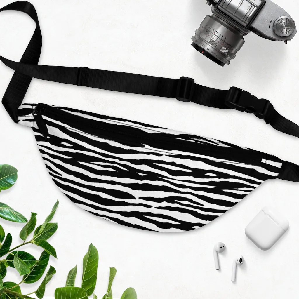 Zebra Stripes Fanny Pack, Animal Print Black White Festival Hip Waist Canvas Vacation Belt Vegan Vintage Women Bag